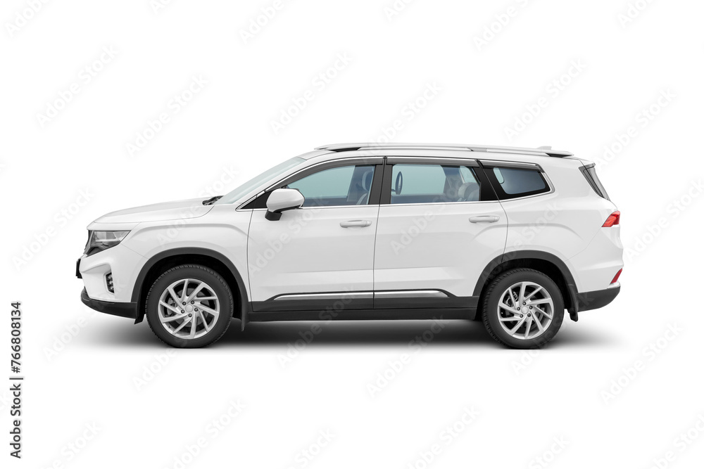 White mid-size crossover SUV car isolated. Side view of passenger utility vehicle. Transparent PNG image.