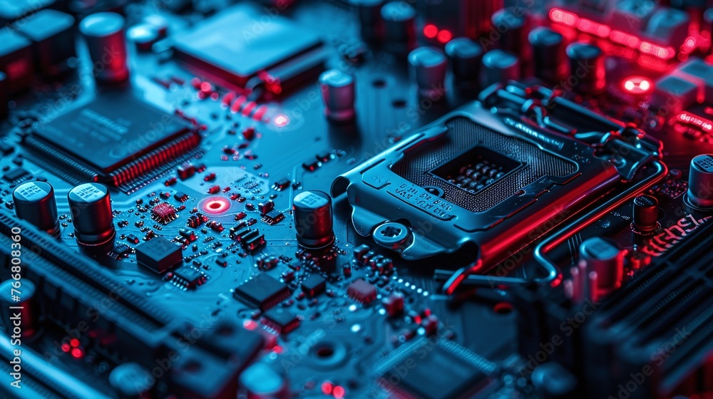 dark neon photo of computer component with neon lit motherboard in blue and red light and copy space image dark neon photo of computer component with neon lit motherboard in blue and red light and copy space image