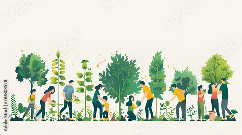 People planting trees or working in community gard Silhouette of family with tree at sunset. Family with shovel and watering can plants young trees sprout in soil. Farmer dad, mom child, Generative Ai
