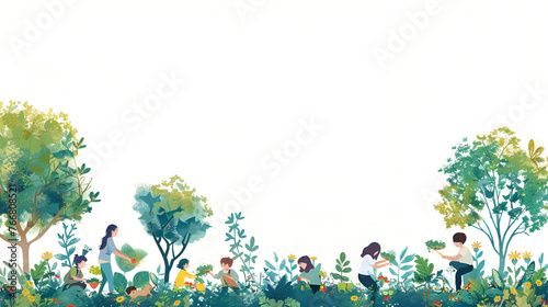 People planting trees or working in community gard Silhouette of family with tree at sunset. Family with shovel and watering can plants young trees sprout in soil. Farmer dad, mom child, Generative Ai photo