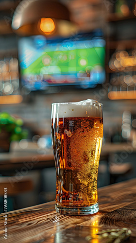 Refreshing glass of beer on a wooden bar surface with a blurred soccer match on a television screen in the background