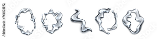 Abstract fluid 3d metal shape for y2k design. Realistic vector illustration set of chrome liquid blobs and drops. Wave and circle silver element. Trendy mercury droplet and splash flow decoration.