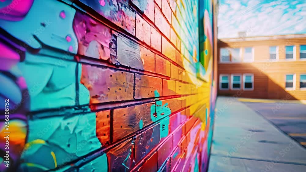 A closeup of a vibrant mural painted on the brick exterior of an old ...