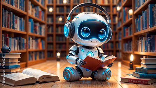 Little cute robot reading book in library