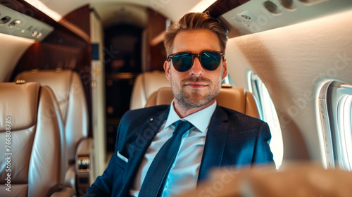 A smiling rich young businessman in sunglasses is flying in a luxury private jet. © Нина Башарова