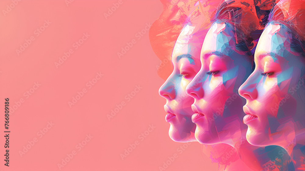 W omens day celebration banner march multiple Women's day celebration banner, 8 march, multiple women faces graphic illustration, horizontal copy space on pastel pink background. Generative AI - obrazy, fototapety, plakaty 