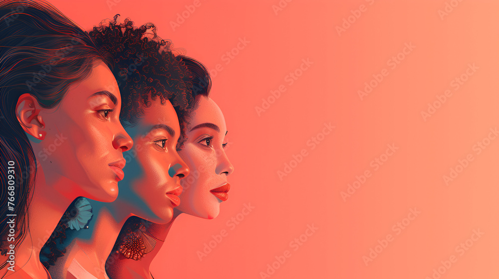 W omens day celebration banner march multiple Women's day celebration banner, 8 march, multiple women faces graphic illustration, horizontal copy space on pastel pink background. Generative AI - obrazy, fototapety, plakaty 