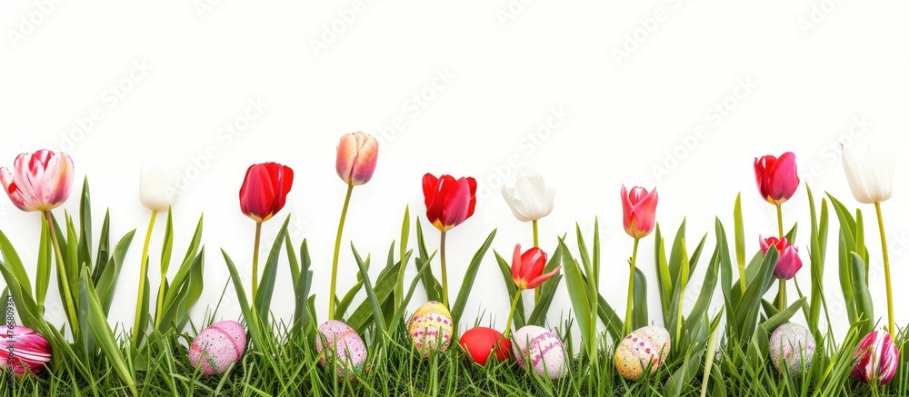 Easter eggs are concealed among the grass alongside tulips in a white background.