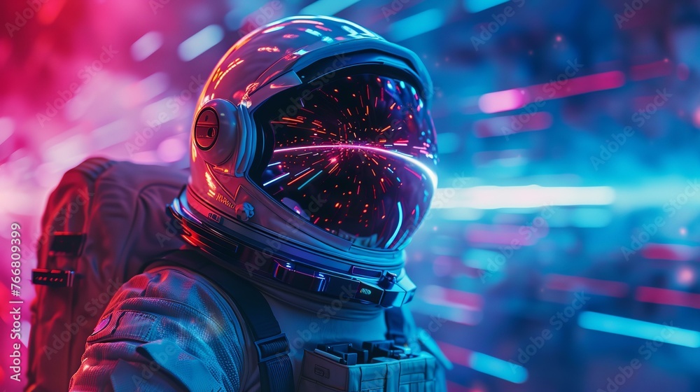 An astronaut's visor reflecting the neon blur of a warp speed jump - obrazy, fototapety, plakaty 