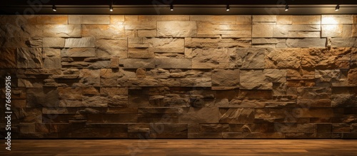 The dimly lit room showcases a solid stone wall as the focal point  with soft lighting highlighting its rough texture and uneven surface