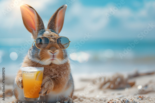 An adorable easter bunny enjoying a vacation on the beach with a cocktail in hand.