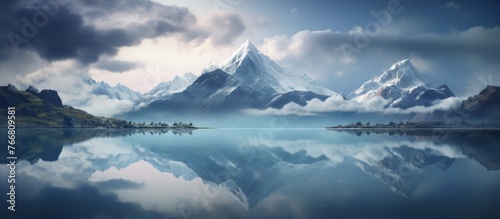 A picturesque natural landscape featuring a serene lake with mountains in the background, their reflection mirrored in the still water under a sky dotted with fluffy cumulus clouds