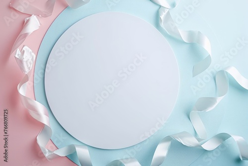 A front view of the isolated plate that has been placed on pink and blue background that decorated with pastel ribbon that can compile to the things like the celebration, festival or ceremony. AIGX03.