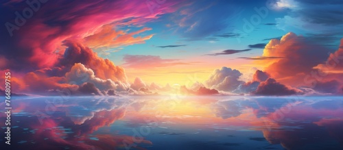 A natural landscape painting capturing the breathtaking afterglow of a sunset over a serene lake, with majestic mountains in the background under a red sky at dusk © AkuAku