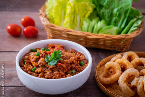 Spicy minced pork and tomato dip (Nam Prik Aong), Northern thai food
