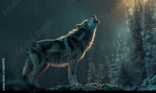 Majestic lone wolf howling under the moonlight in a snowy forest