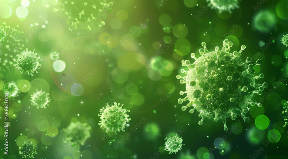 Obraz premium Close-up representation of pathogens with a focus on a single virus particle in a green environment