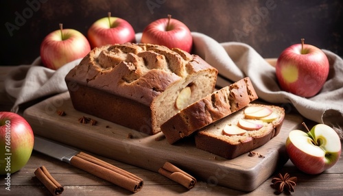 Apple bread rustic style with freshy picked apples and cinnamon, fall baking concept photo