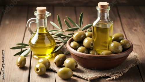 bottle of olive oil and fresh olive in a container on wooden table