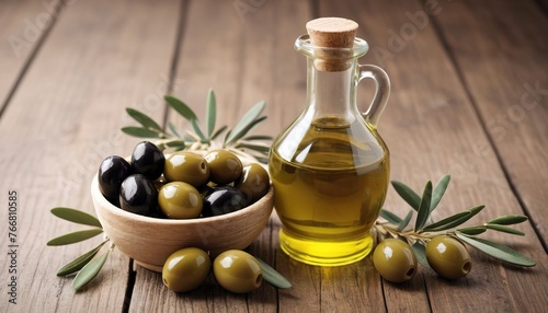 bottle of olive oil and fresh olive in a container on wooden table