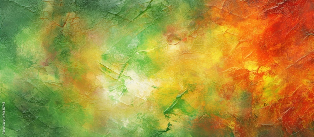 Vibrant abstract artwork featuring a mix of green and orange shades in a beautiful painting, creating a unique and eye-catching visual effect