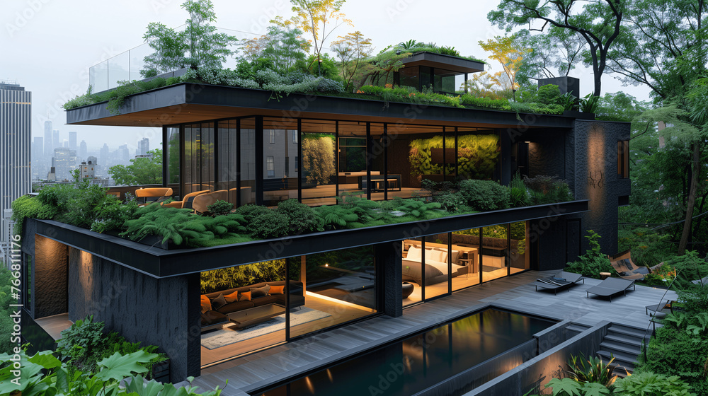 Modern Eco-Friendly Architecture with Rooftop Garden Overlooking Cityscape Modern Eco-Friendly Architecture with Rooftop Garden Overlooking Cityscape