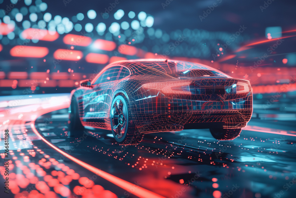 3D rendering of a concept car on a futuristic circuit board background 3D rendering of a concept car on a futuristic circuit board background