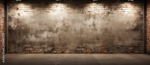 A large brick wall illuminated by three spotlights in a spacious room with an industrial ambiance