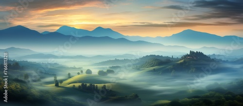 A natural landscape painting capturing a foggy mountain with a stunning sunset in the background, creating a serene atmosphere with cloudy skies and a beautiful dusk horizon