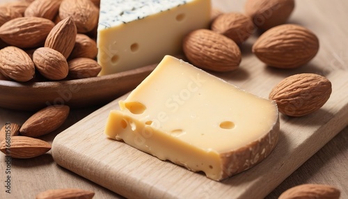 Close up of cheese and almond nut on table