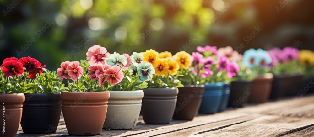 Fototapeta premium A line of houseplants in flowerpots adorns the wooden table, showcasing various flowering plants with colorful petals, creating a beautiful indoor landscape