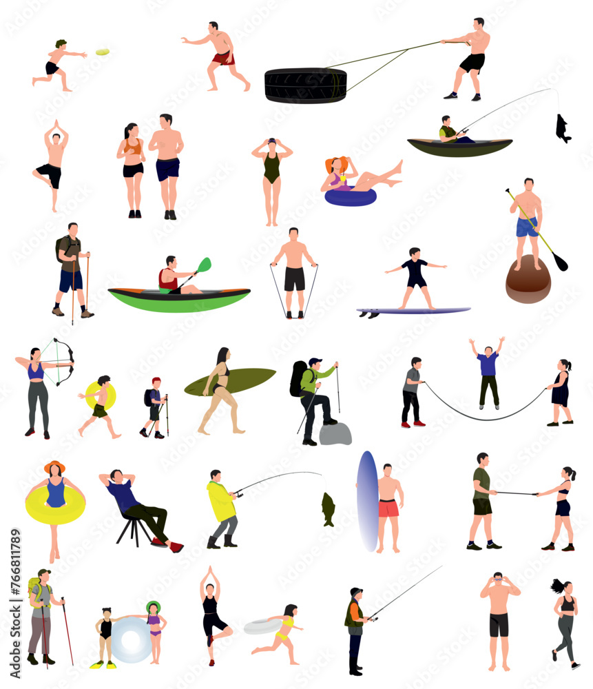 Collection of summer active people. Recreation, relaxing, playing, enjoying, hobby, outdoor sports vector illustration