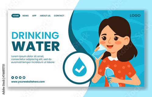 Drinking Water Social Media Landing Page Cartoon Hand Drawn Templates Background Illustration