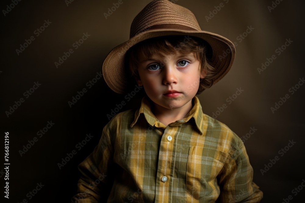 Portrait of a little boy in a hat. Studio shot. Portrait of a little boy in a hat. Studio shot.