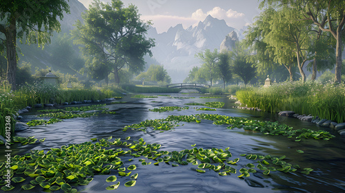 a scenic view from the bridge in a village The railway viaduct at sunny day in English Midlands SLO MO Famous lagoon at the Fjord of Furore, Generative Ai