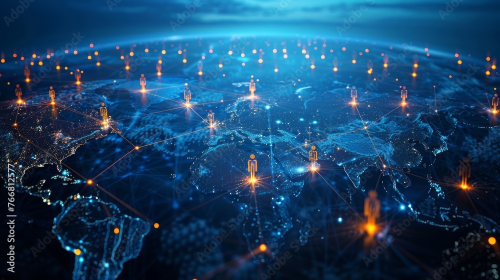 Fototapeta premium Glowing digital avatars on a world connectivity map.