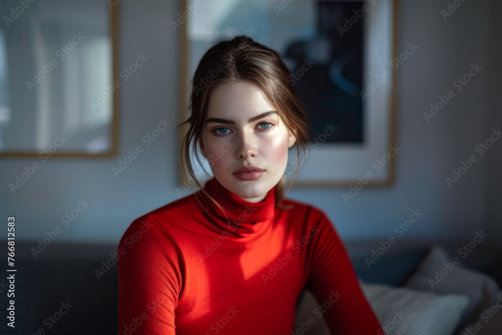 Elegant young woman in chic red turtleneck with her home interiors as background
