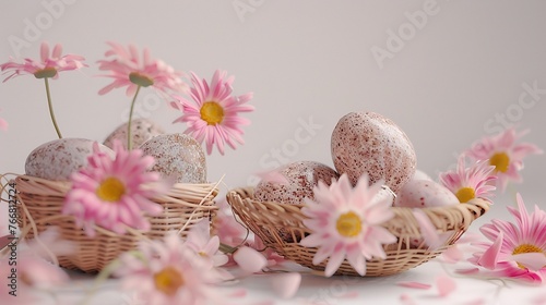 Multicolored painted Easter eggs in a wicker basket surrounded by daisies or pink spring flowers isolated on white background