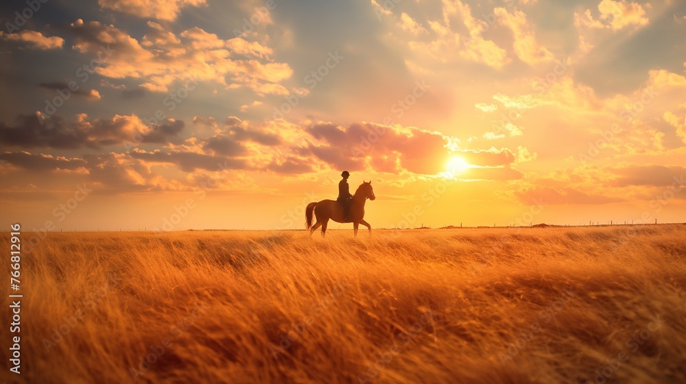 Boundless expanse field at a beautiful sunset with a rider on a horse on the horizon. The beauty of nature and the spiritual unity of man and animal.