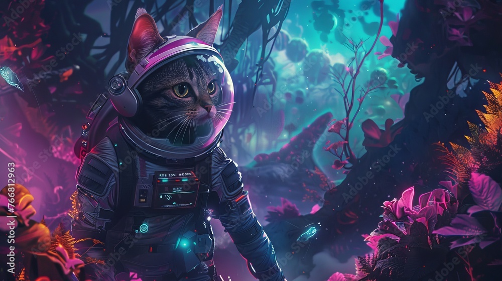 Anthropomorphic cat astronaut exploring a lush alien flora in a fantasy setting Anthropomorphic cat astronaut exploring a lush alien flora in a fantasy setting