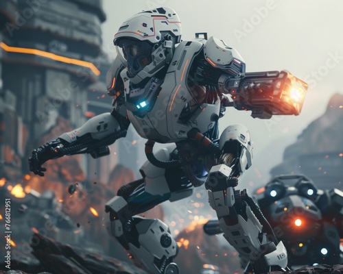 Futuristic robot in combat armor firing weapons amidst a battlefield, depicting advanced military technology