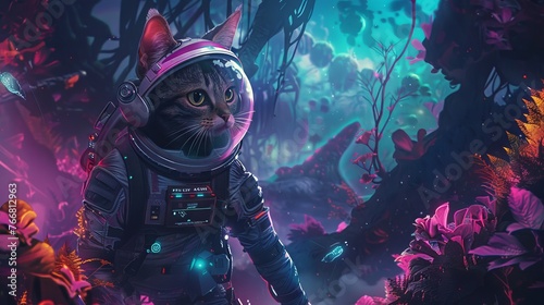 Anthropomorphic cat astronaut exploring a lush alien flora in a fantasy setting