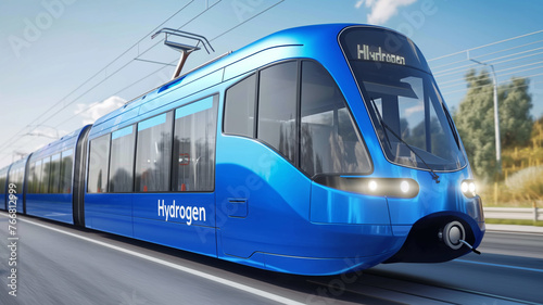 Hydrogen-fueled blue cell train on the road.