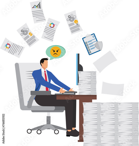 Busy working businessman, dealing with work and paperwork, isometric businessman sitting at a desk working hard to complete an overloaded workload