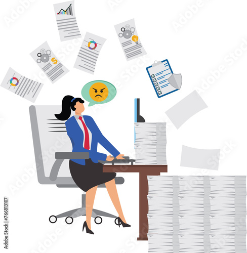 Busy working businesswoman, dealing with work and paperwork, isometric businesswoman sitting at a desk working hard to complete an overloaded workload