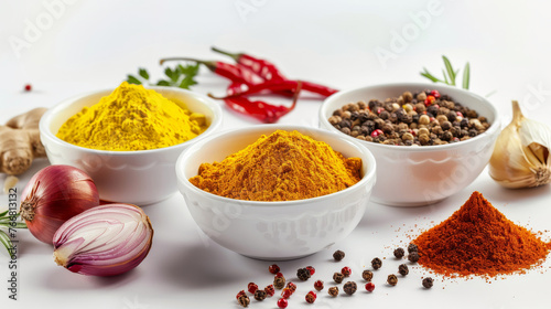 A collection of bowls filled with various spices on a table