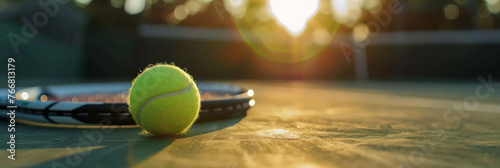 A tennis racket and tennis ball placed on a court, ready for a game © MastersedZ