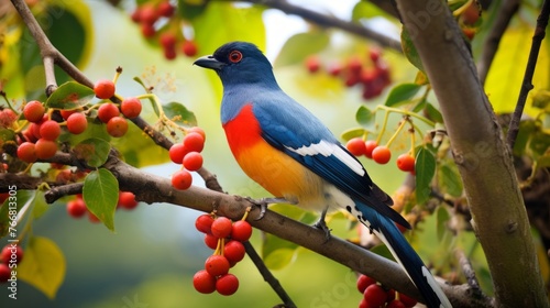 A blue and red bird is perched on a branch with red berries © liliyabatyrova