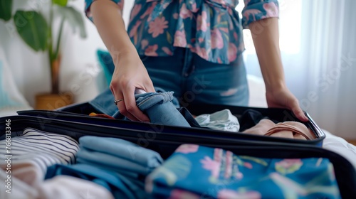 A woman is pulling out clothes from a suitcase. The suitcase is black and has a floral pattern. The woman is wearing a blue shirt and jeans. Concept of organization and preparation for travel