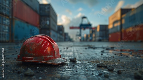 Close-up of worn safety helmet at a dock